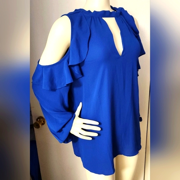 LOFT Tops - LOFT Deep V Neck Long Sleeve Cold Shoulder Blue Blouse